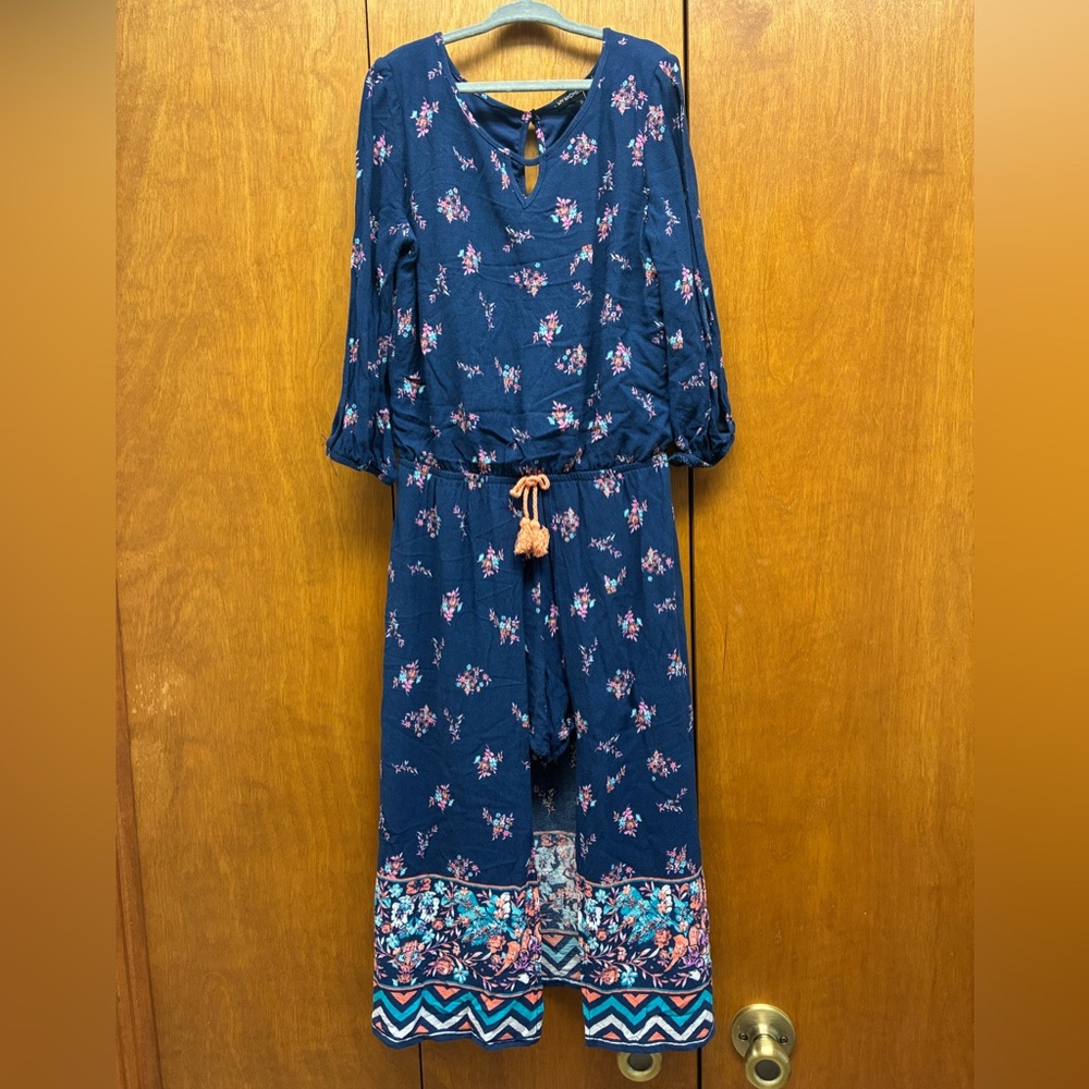 My Michelle Blue Floral Romper with Patterned Hem
